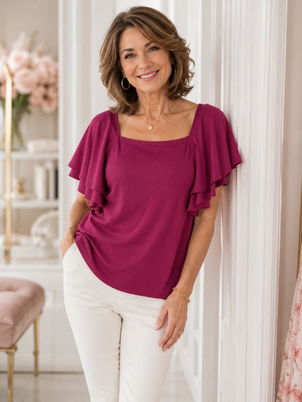 Haptics by Holly Harper Berry Pink Square Neck Ruffle Sleeve Romantic Top